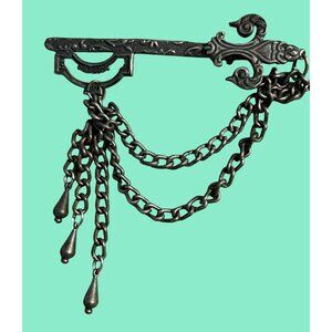 Antique Silver Gothic Revival Chatelaine Brooch With Chains & Drops Ornate Filig